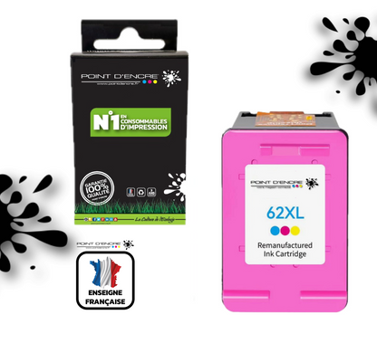 62XL - COULEUR - Grande capacité de Marque Française POINT D'ENCRE - Pour imprimante compatible HP (cehp)