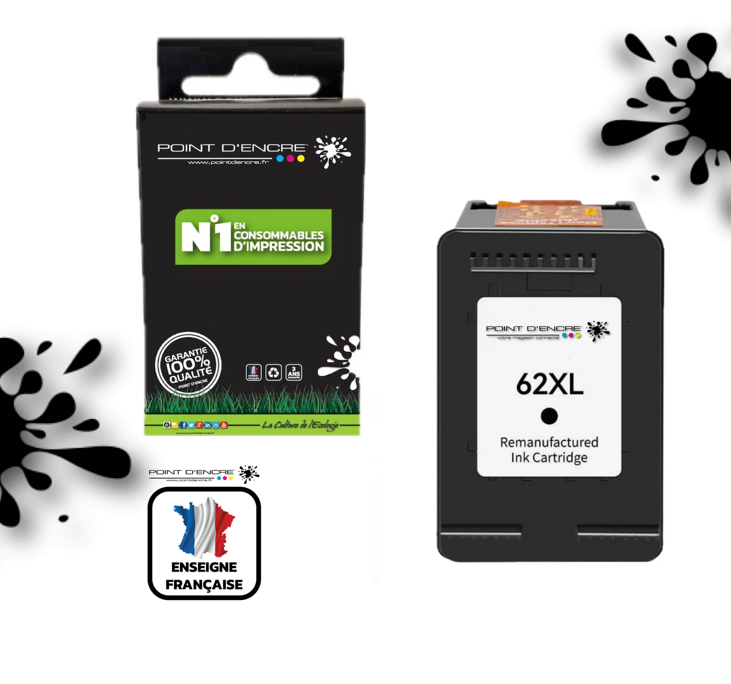 62XL - NOIR - Grande capacité de Marque Française POINT D'ENCRE - Pour imprimante compatible HP (cehp)