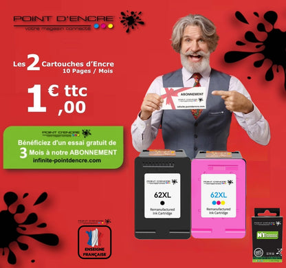 62XL - NOIR &amp; COULEUR - ABONNEMENT - Grande capacité de Marque Francaise POINT D'ENCRE - Pour imprimante compatible HP (cehp)