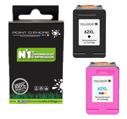 62XL - NOIR &amp; COULEUR - ABONNEMENT - Grande capacité de Marque Francaise POINT D'ENCRE - Pour imprimante compatible HP (cehp)