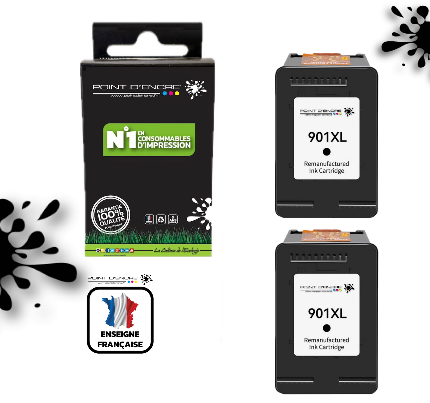 901XL / 901 - 2 X NOIR - Grande capacité de Marque Francaise POINT D'ENCRE - Pour imprimante compatible HP (cehp)