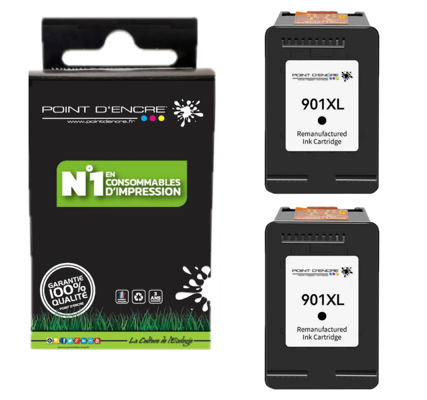 901XL / 901 - 2 X NOIR - Grande capacité de Marque Francaise POINT D'ENCRE - Pour imprimante compatible HP (cehp)