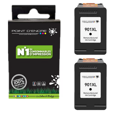 901XL / 901 - 2 X NOIR - Grande capacité de Marque Francaise POINT D'ENCRE - Pour imprimante compatible HP (cehp)