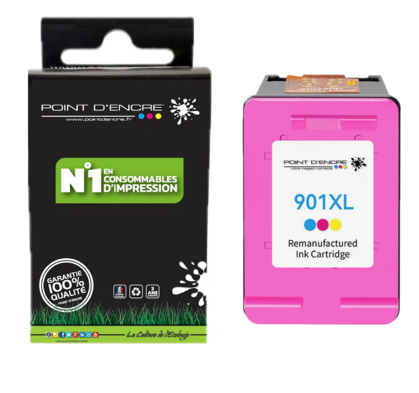 901XL / 901 - COULEUR - Grande capacité de Marque Francaise POINT D'ENCRE - Pour imprimante compatible HP (cehp)