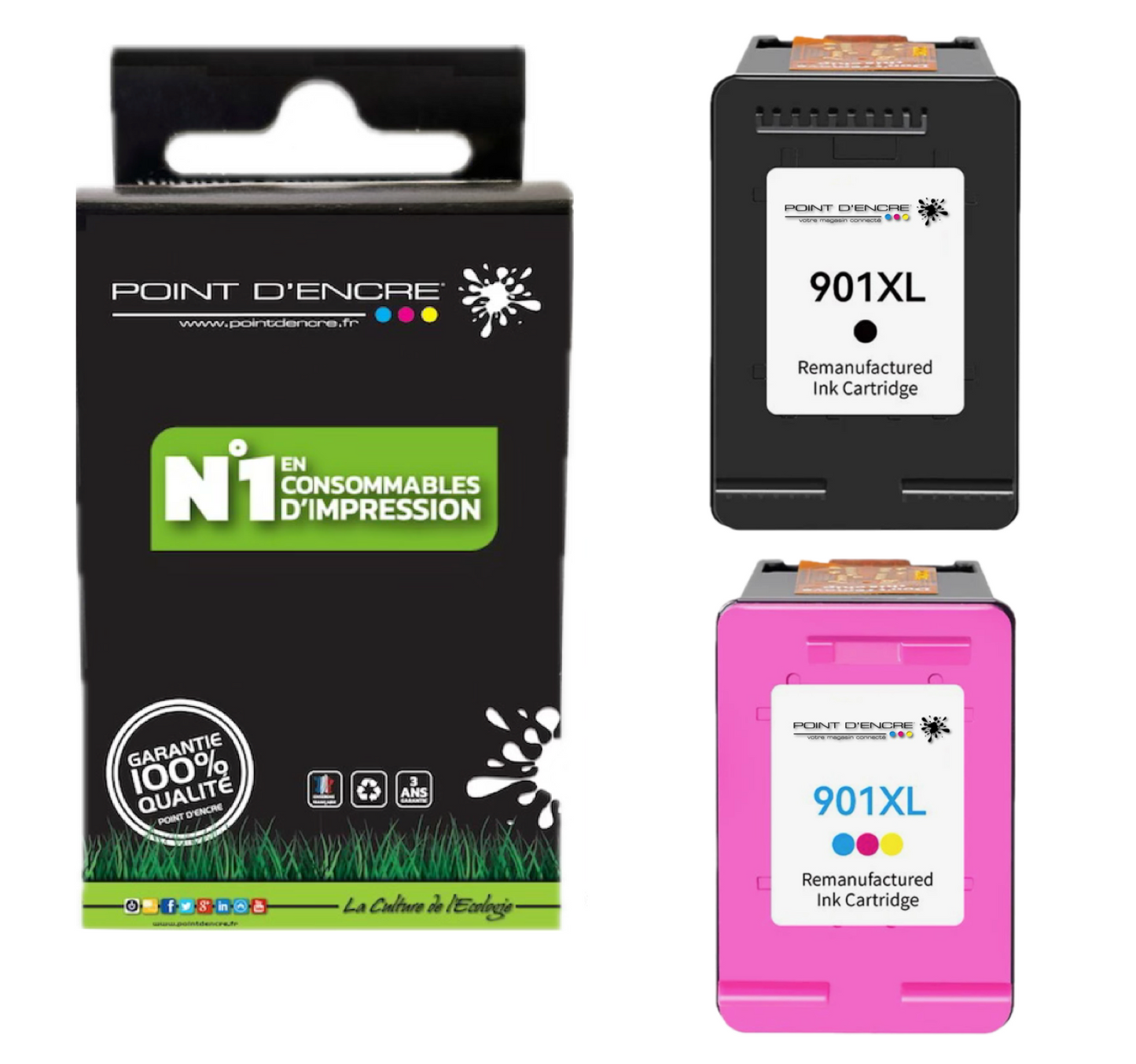 901XL / 901 - NOIR / COULEUR - Grande capacité de Marque Francaise POINT D'ENCRE - Pour imprimante compatible HP (cehp)
