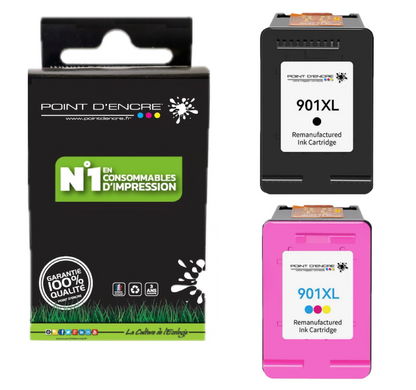 901XL / 901 - NOIR / COULEUR - Grande capacité de Marque Francaise POINT D'ENCRE - Pour imprimante compatible HP (cehp)