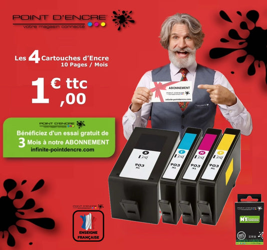 903XL - ABONNEMENT - Pack de 4 Cartouches D'encre Noir/Cyan/Magenta/ Jaune - Grande capacité de Marque Française POINT D'ENCRE Pour imprimante compatible HP (cehp)