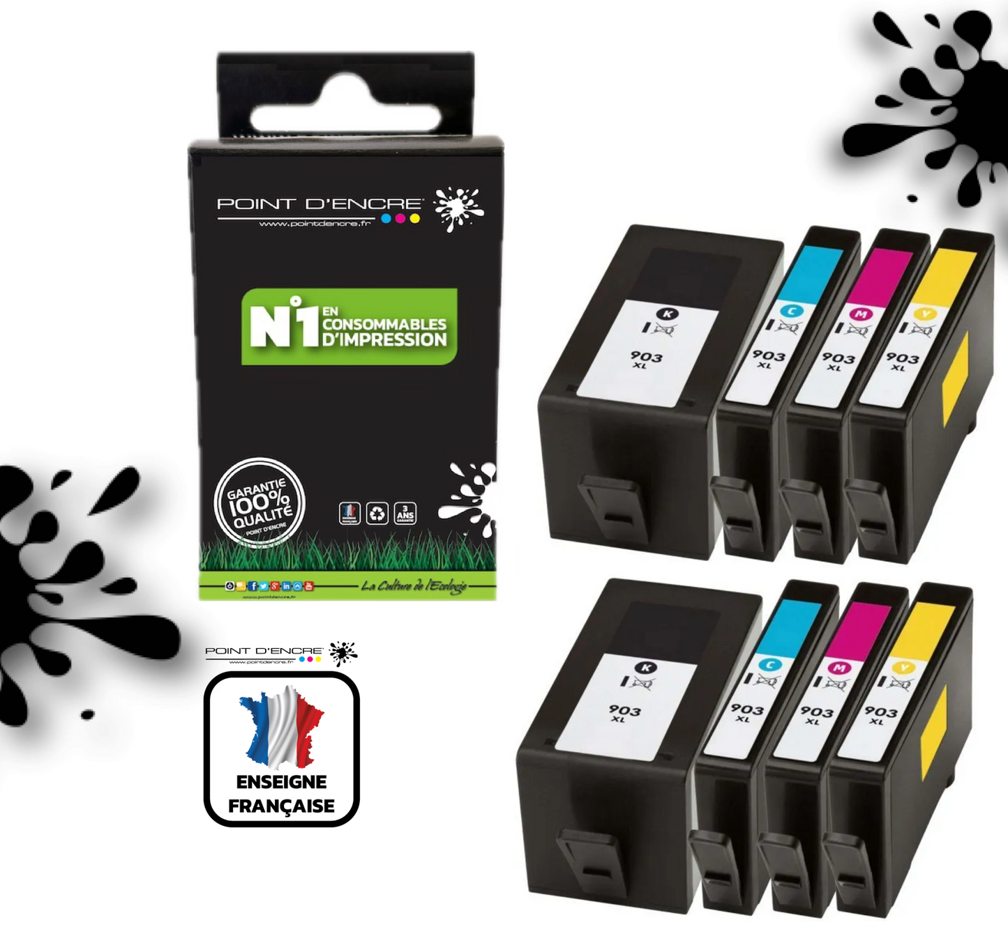 903XL - 2 X Pack de 4 Cartouches D'encre Noir/Cyan/Magenta/ Jaune - Grande capacité de Marque Française POINT D'ENCRE Pour imprimante compatible HP (cehp)