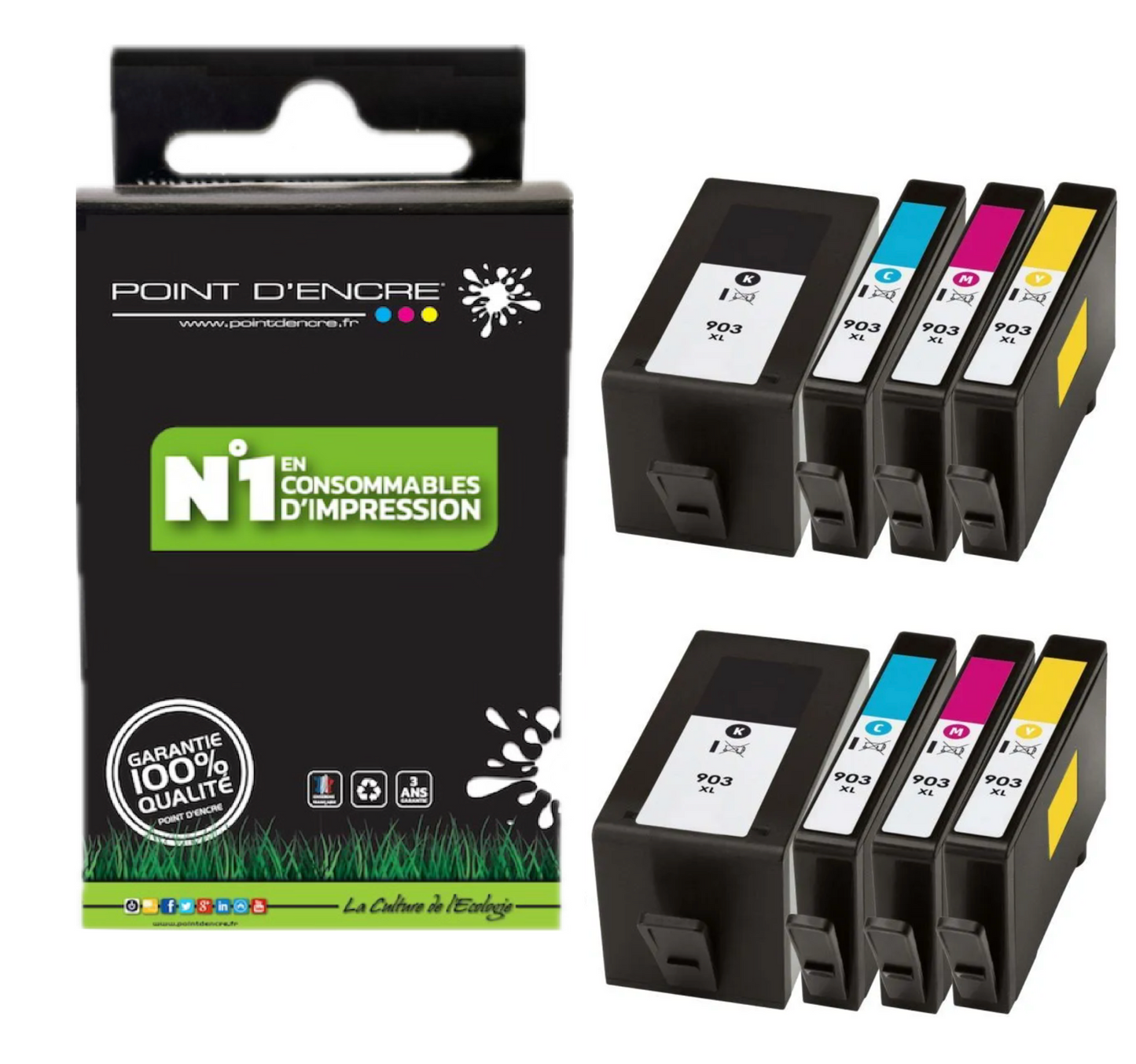 903XL - 2 X Pack de 4 Cartouches D'encre Noir/Cyan/Magenta/ Jaune - Grande capacité de Marque Française POINT D'ENCRE Pour imprimante compatible HP (cehp)