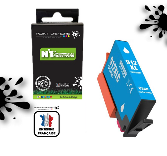 912XL - CYAN - Grande capacité de Marque Française POINT D'ENCRE Pour imprimante compatible HP (cehp)