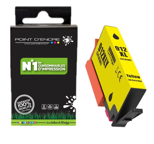 912XL - JAUNE - Grande capacité de Marque Française POINT D'ENCRE Pour imprimante compatible HP (cehp)