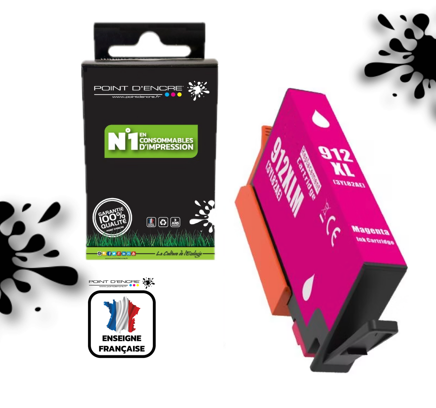 912XL - MAGENTA - Grande capacité de Marque Française POINT D'ENCRE Pour imprimante compatible HP (cehp)