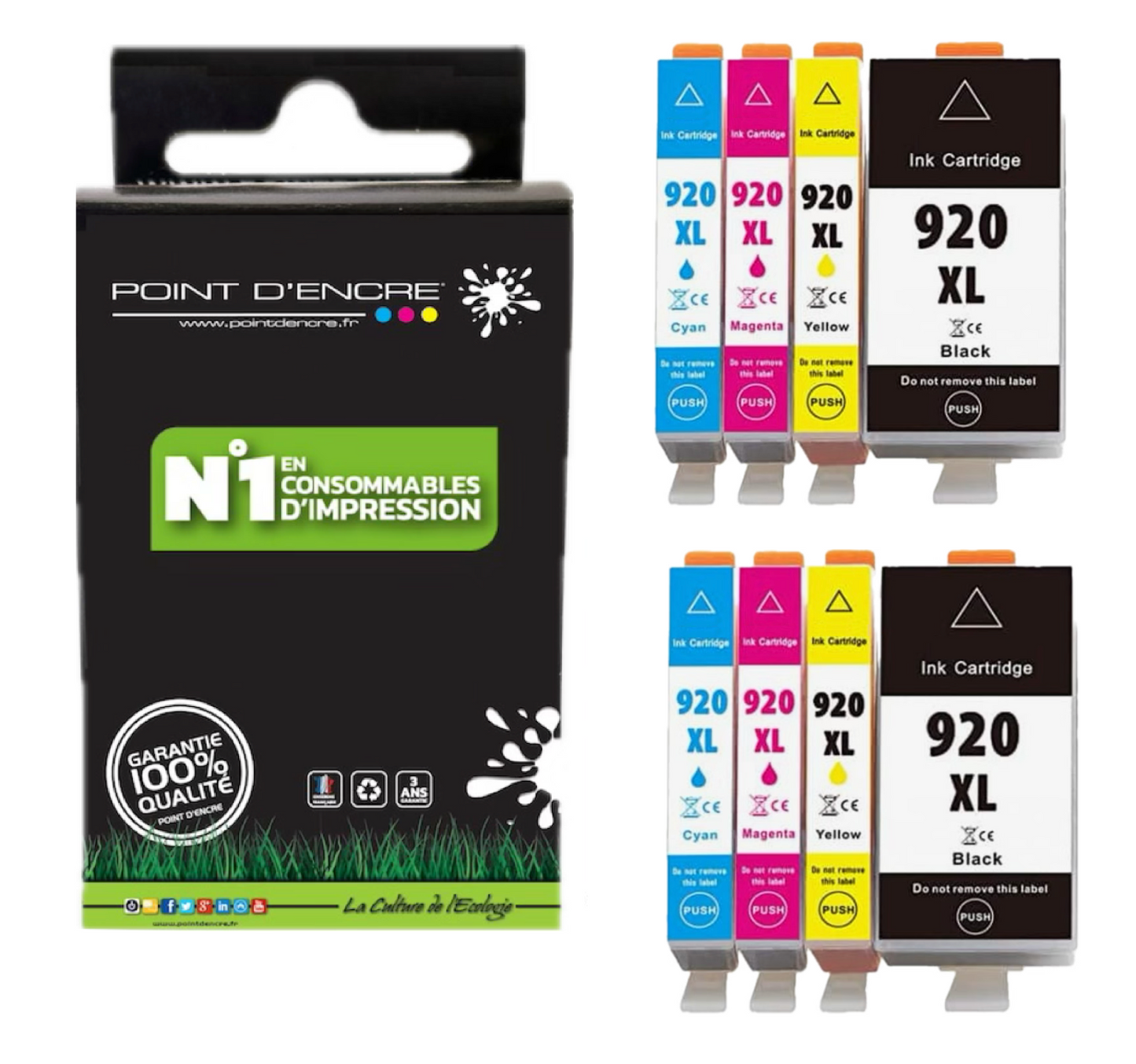 920XL - 2 X Pack de 4 Cartouches D'encre Noir/Cyan/Magenta/ Jaune - Grande capacité de Marque Française POINT D'ENCRE Pour imprimante compatible HP (cehp)