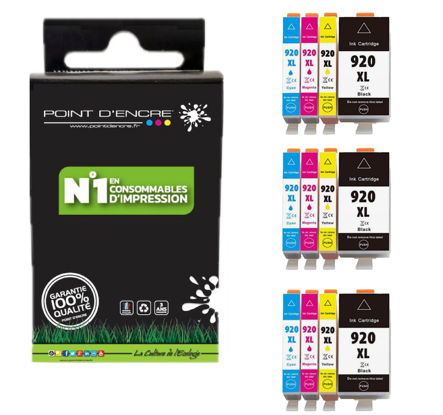 920XL - 3 X Pack de 4 Cartouches D'encre Noir/Cyan/Magenta/ Jaune - Grande capacité de Marque Française POINT D'ENCRE Pour imprimante compatible HP (cehp)