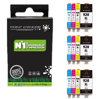 920XL - 3 X Pack de 4 Cartouches D'encre Noir/Cyan/Magenta/ Jaune - Grande capacité de Marque Française POINT D'ENCRE Pour imprimante compatible HP (cehp)