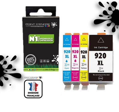 920XL - ABONNEMENT - Pack de 4 Cartouches D'encre Noir/Cyan/Magenta/ Jaune - Grande capacité de Marque Française POINT D'ENCRE Pour imprimante compatible HP (cehp)