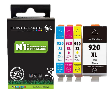 920XL - ABONNEMENT - Pack de 4 Cartouches D'encre Noir/Cyan/Magenta/ Jaune - Grande capacité de Marque Française POINT D'ENCRE Pour imprimante compatible HP (cehp)