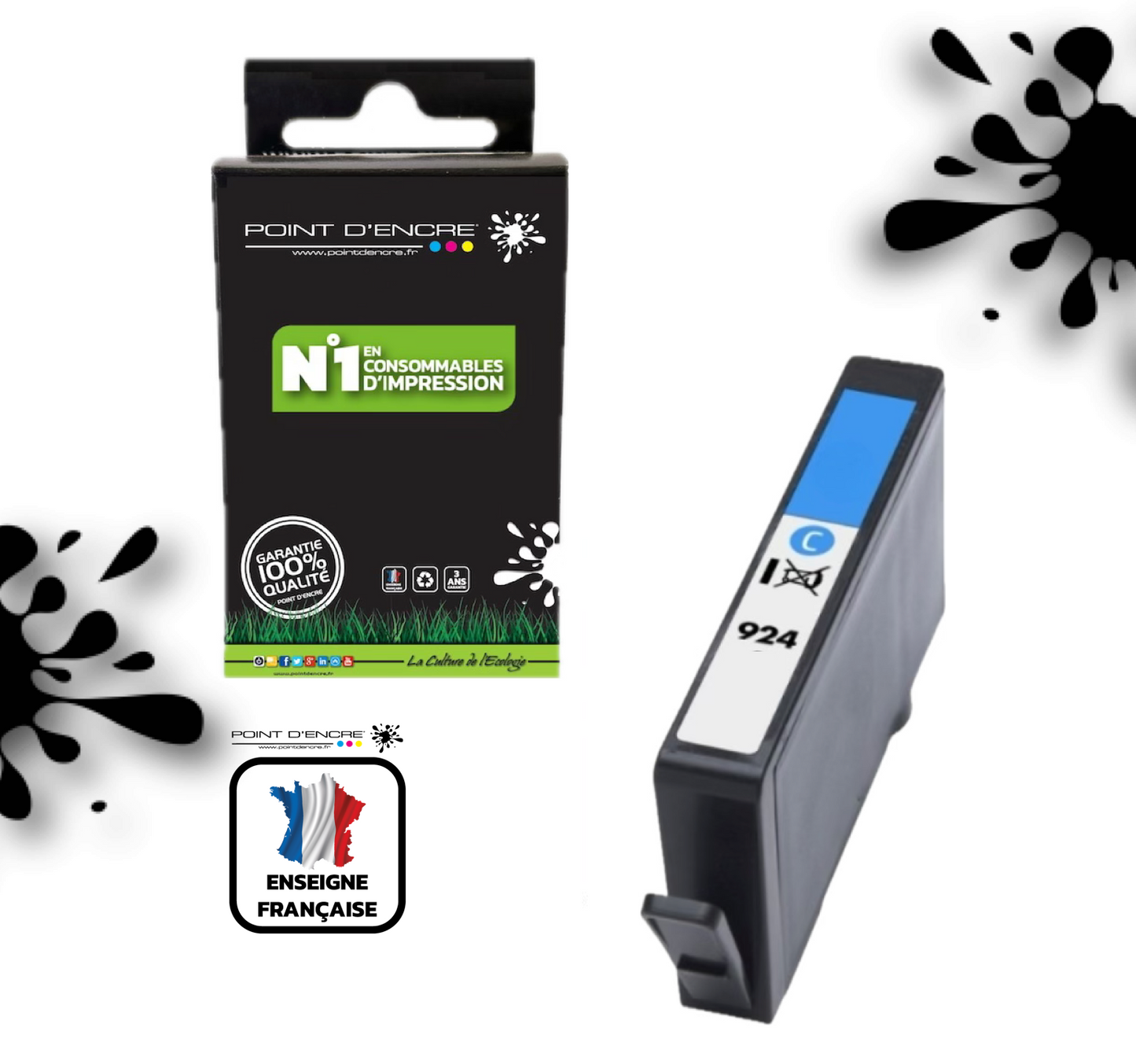 924 - CYAN - Grande capacité de Marque Française POINT D'ENCRE Pour imprimante compatible HP (cehp)
