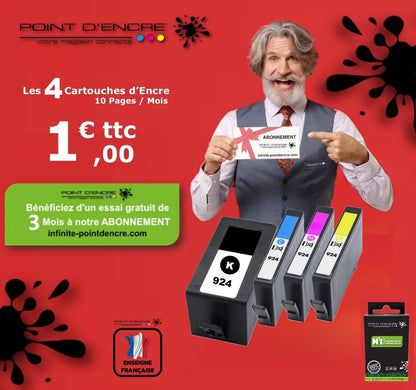 924 - ABONNEMENT - Pack de 4 Cartouches D'encre Noir/Cyan/Magenta/ Jaune - Grande capacité de Marque Française POINT D'ENCRE Pour imprimante compatible HP (cehp)
