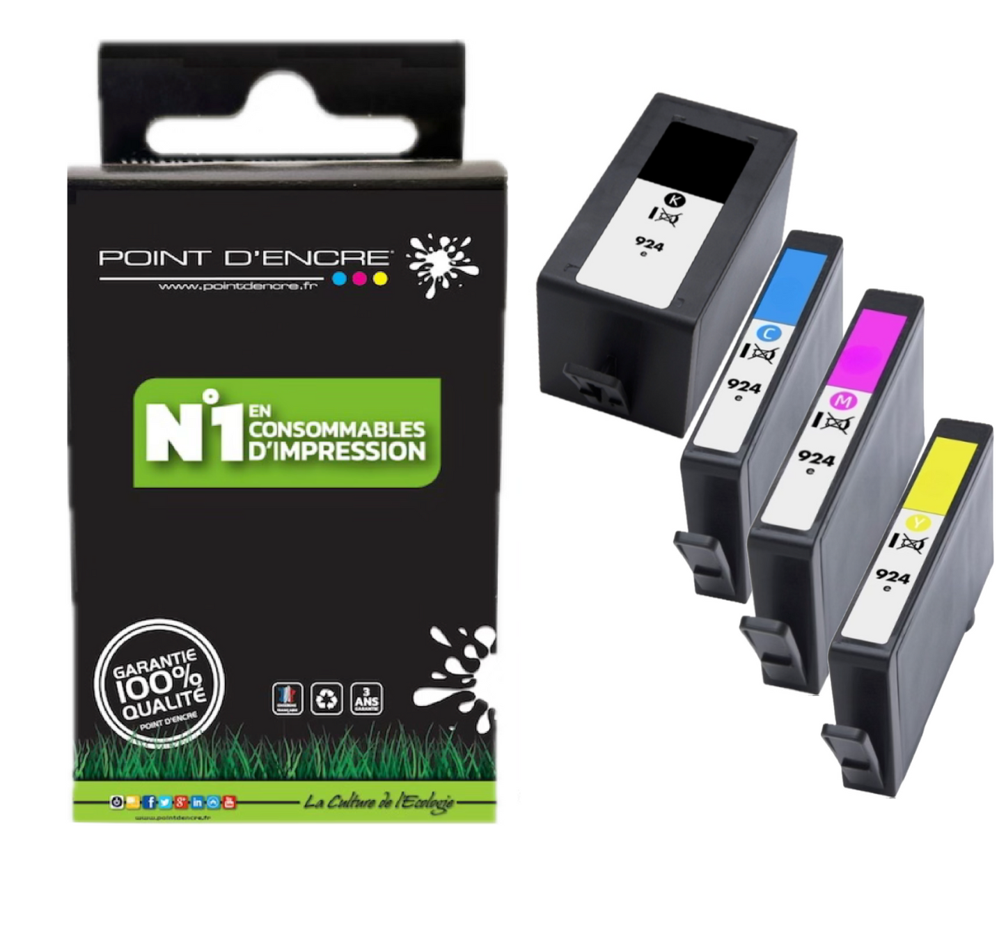 924 - ABONNEMENT - Pack de 4 Cartouches D'encre Noir/Cyan/Magenta/ Jaune - Grande capacité de Marque Française POINT D'ENCRE Pour imprimante compatible HP (cehp)