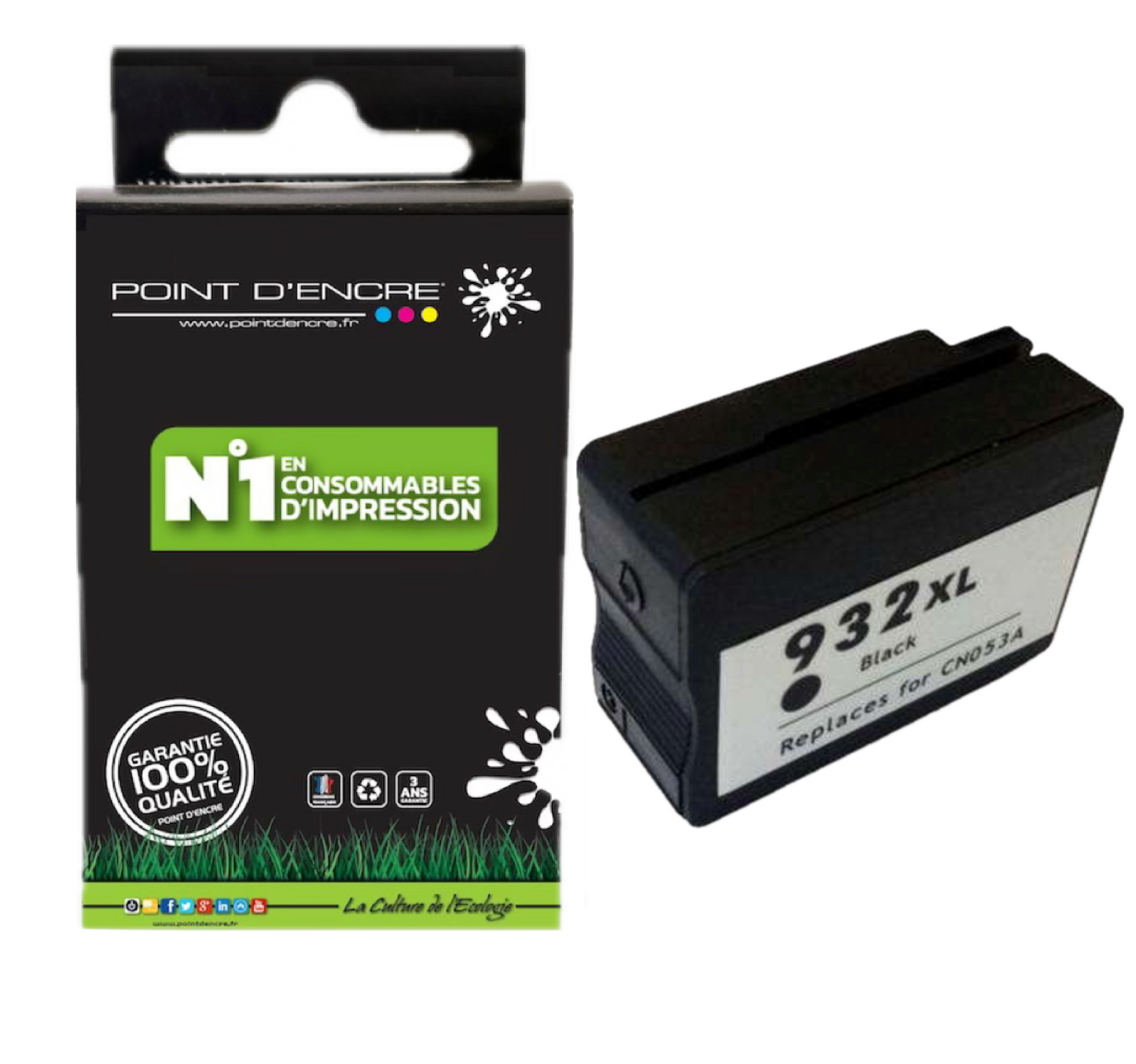 932XL - NOIR - Grande capacité de Marque Française POINT D'ENCRE Pour imprimante compatible HP (cehp)