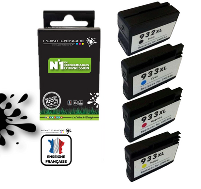 932XL / 933XL - Pack de 4 Cartouches D'encre Noir/Cyan/Magenta/ Jaune - Grande capacité de Marque Française POINT D'ENCRE Pour imprimante compatible HP (cehp)