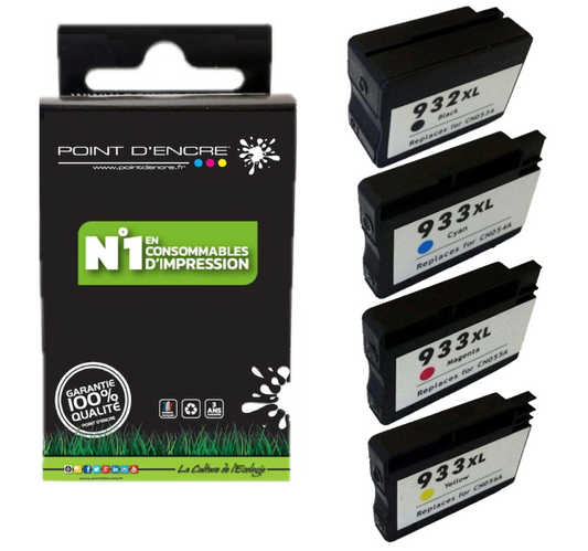 932XL / 933XL - Pack de 4 Cartouches D'encre Noir/Cyan/Magenta/ Jaune - Grande capacité de Marque Française POINT D'ENCRE Pour imprimante compatible HP (cehp)