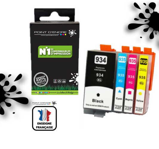 934XL / 935XL - ABONNEMENT - Pack de 4 Cartouches D'encre Noir/Cyan/Magenta/ Jaune - Grande capacité de Marque Française POINT D'ENCRE Pour imprimante compatible HP (cehp)