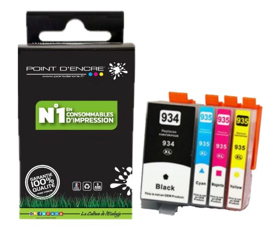 934XL / 935XL - Pack de 4 Cartouches D'encre Noir/Cyan/Magenta/ Jaune - Grande capacité de Marque Française POINT D'ENCRE Pour imprimante compatible HP (cehp)