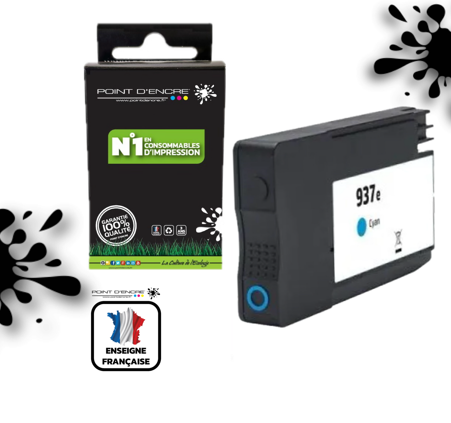 937eXL - CYAN - Grande capacité de Marque Française POINT D'ENCRE Pour imprimante compatible HP (cehp)