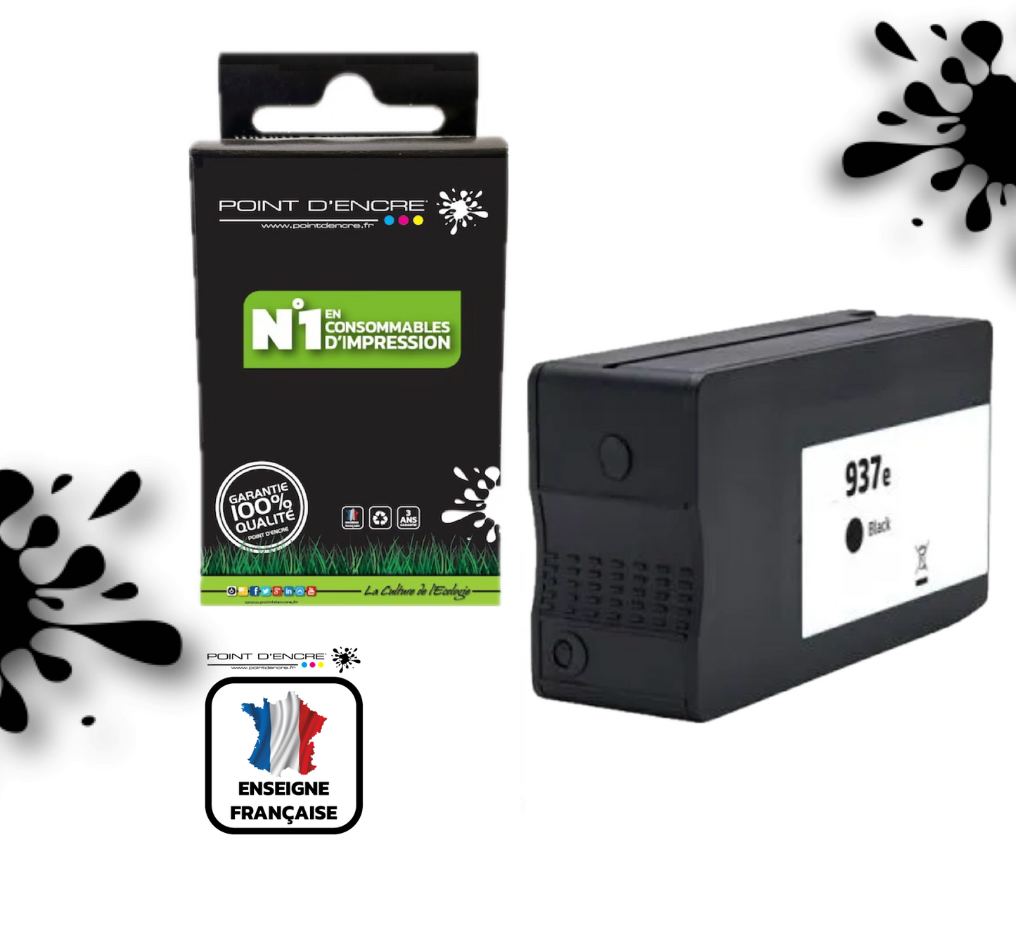 937eXL - NOIR - Grande capacité de Marque Française POINT D'ENCRE Pour imprimante compatible HP (cehp)