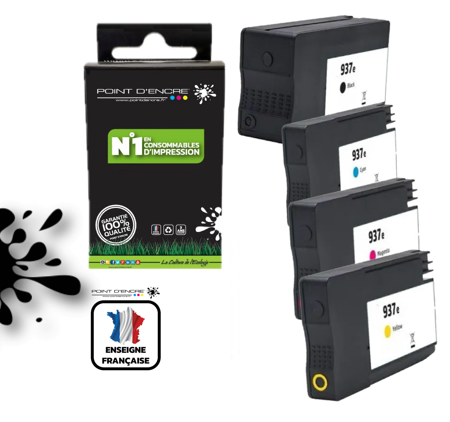 937eXL - ABONNEMENT - Pack de 4 Cartouches D'encre Noir/Cyan/Magenta/ Jaune - Grande capacité de Marque Française POINT D'ENCRE Pour imprimante compatible HP (cehp)