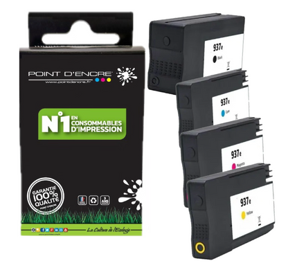 937eXL - ABONNEMENT - Pack de 4 Cartouches D'encre Noir/Cyan/Magenta/ Jaune - Grande capacité de Marque Française POINT D'ENCRE Pour imprimante compatible HP (cehp)