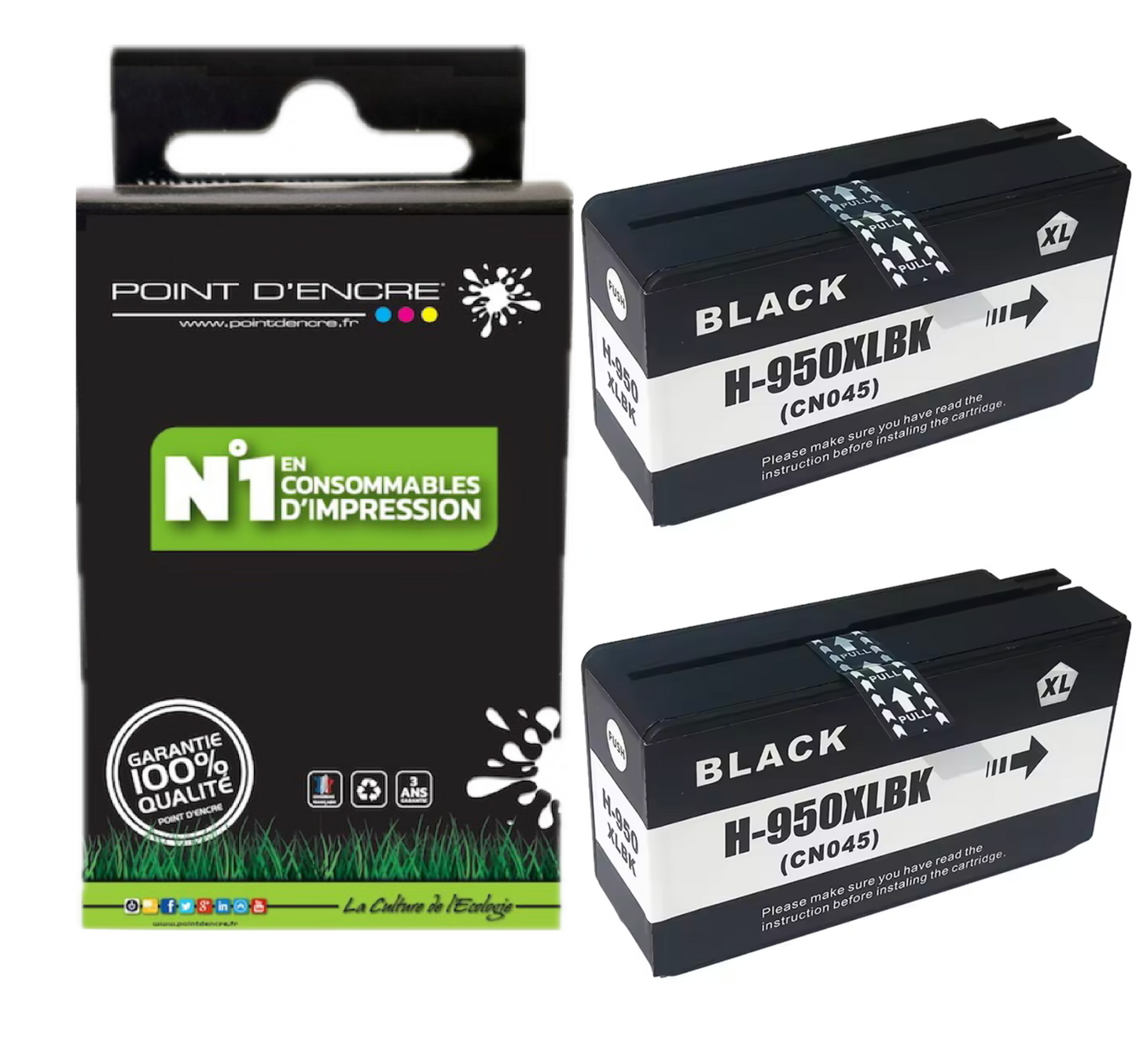 950XL - 2 X NOIR - Grande capacité de Marque Française POINT D'ENCRE Pour imprimante compatible HP (cehp)