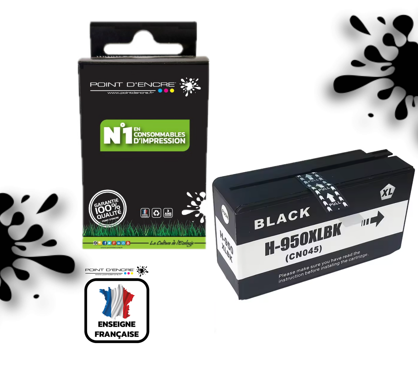 950XL - NOIR - Grande capacité de Marque Française POINT D'ENCRE Pour imprimante compatible HP (cehp)