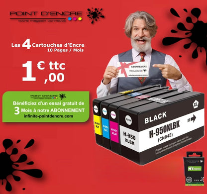 950XL / 951XL - ABONNEMENT - Pack de 4 Cartouches D'encre Noir/Cyan/Magenta/ Jaune - Grande capacité de Marque Française POINT D'ENCRE Pour imprimante compatible HP (cehp)