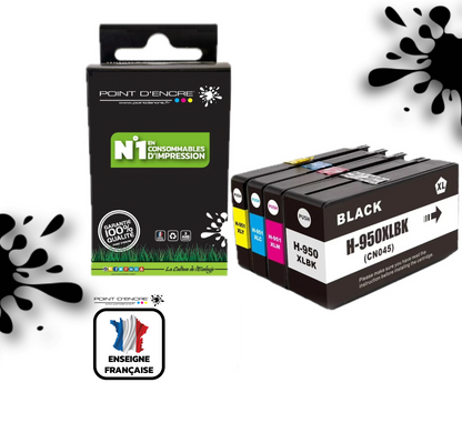 950XL / 951XL - Pack de 4 Cartouches D'encre Noir/Cyan/Magenta/ Jaune - Grande capacité de Marque Française POINT D'ENCRE Pour imprimante compatible HP (cehp)