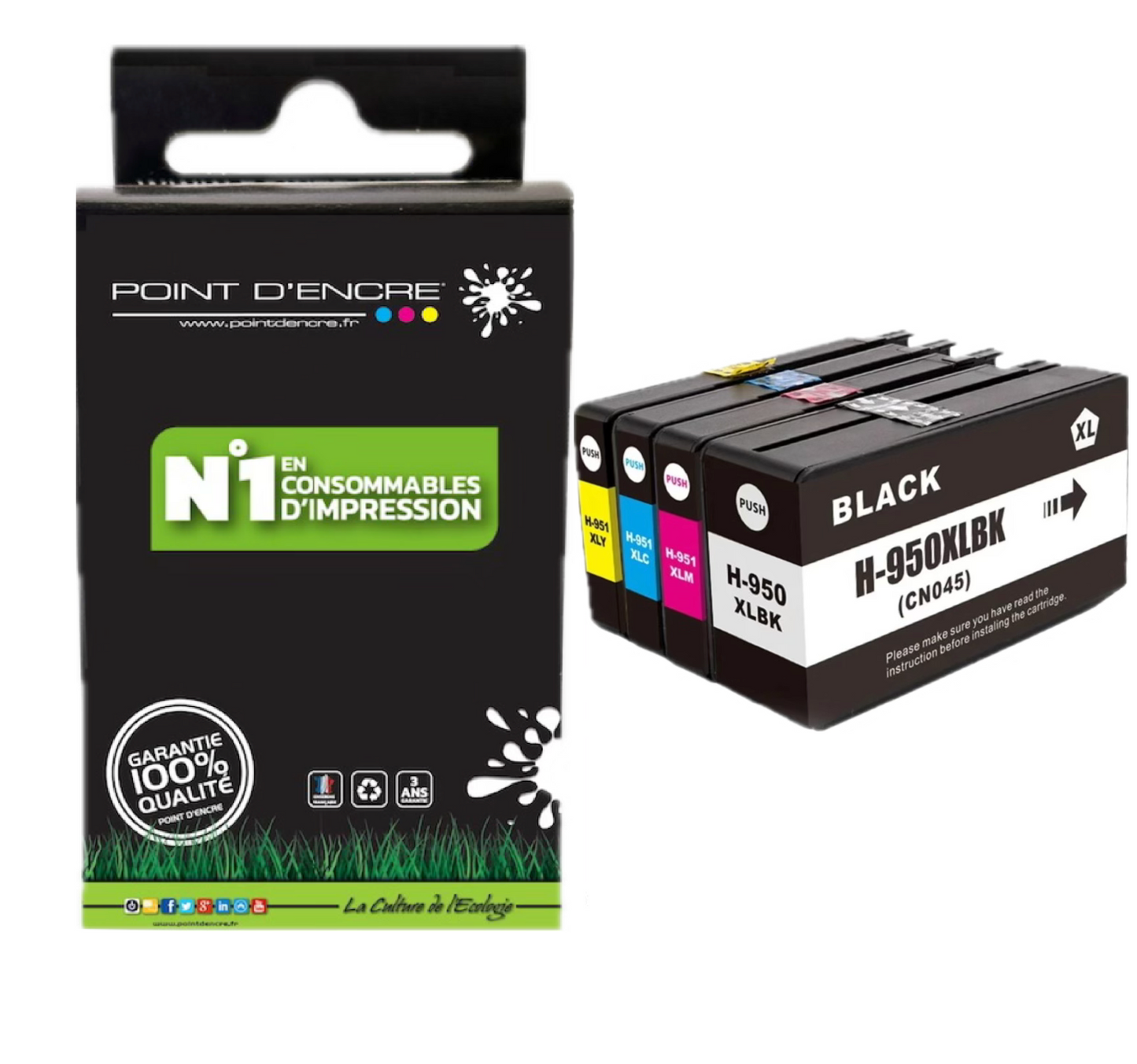 950XL / 951XL - Pack de 4 Cartouches D'encre Noir/Cyan/Magenta/ Jaune - Grande capacité de Marque Française POINT D'ENCRE Pour imprimante compatible HP (cehp)