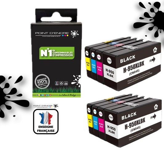 950XL / 951XL - 2 X Pack de 4 Cartouches D'encre Noir/Cyan/Magenta/ Jaune - Grande capacité de Marque Française POINT D'ENCRE Pour imprimante compatible HP (cehp)