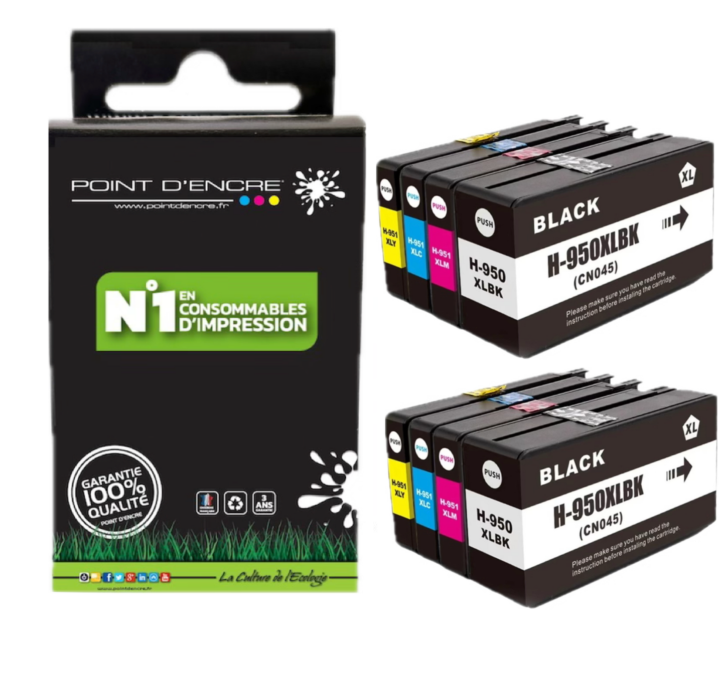 950XL / 951XL - 2 X Pack de 4 Cartouches D'encre Noir/Cyan/Magenta/ Jaune - Grande capacité de Marque Française POINT D'ENCRE Pour imprimante compatible HP (cehp)