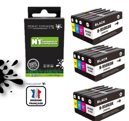 950XL / 951XL - 3 X Pack de 4 Cartouches D'encre Noir/Cyan/Magenta/ Jaune - Grande capacité de Marque Française POINT D'ENCRE Pour imprimante compatible HP (cehp)