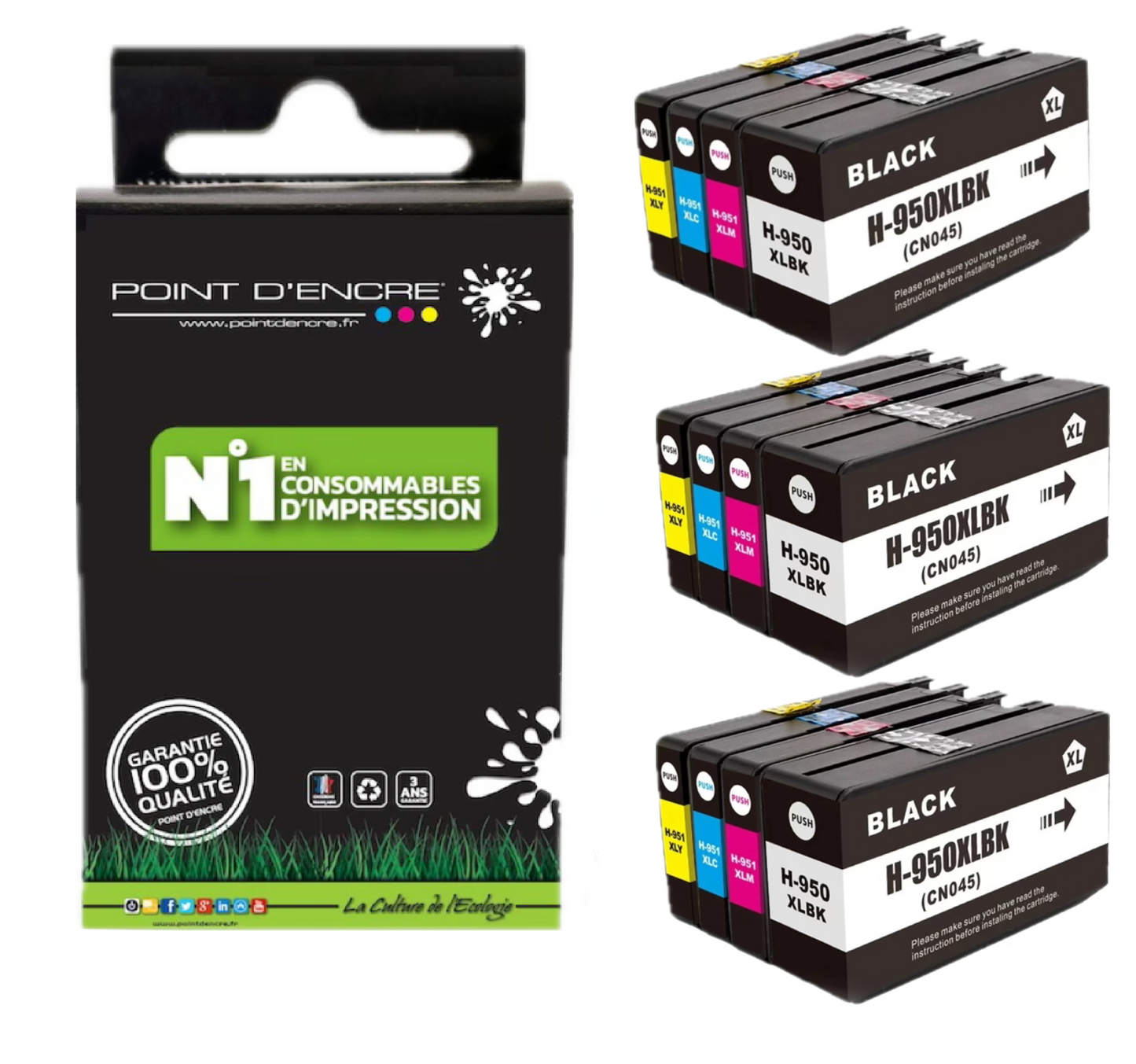 950XL / 951XL - 3 X Pack de 4 Cartouches D'encre Noir/Cyan/Magenta/ Jaune - Grande capacité de Marque Française POINT D'ENCRE Pour imprimante compatible HP (cehp)