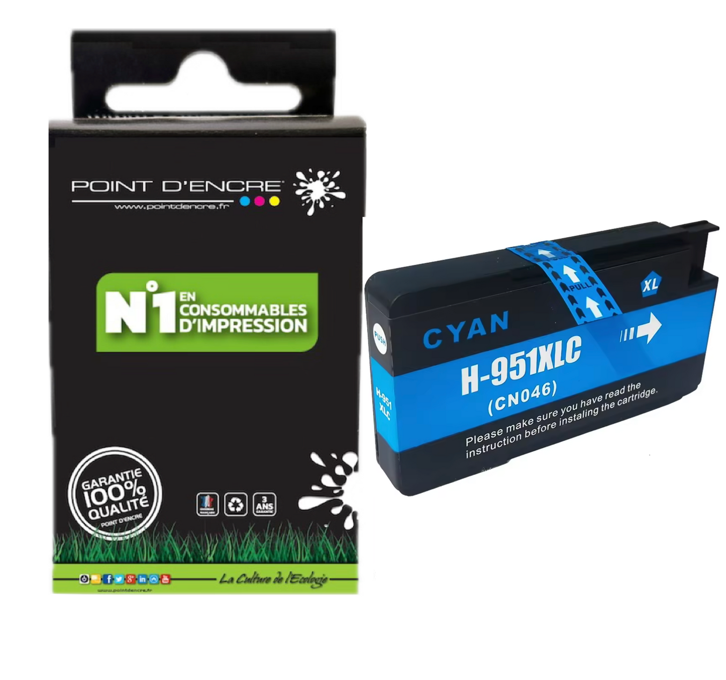 951XL - CYAN - Grande capacité de Marque Française POINT D'ENCRE Pour imprimante compatible HP (cehp)