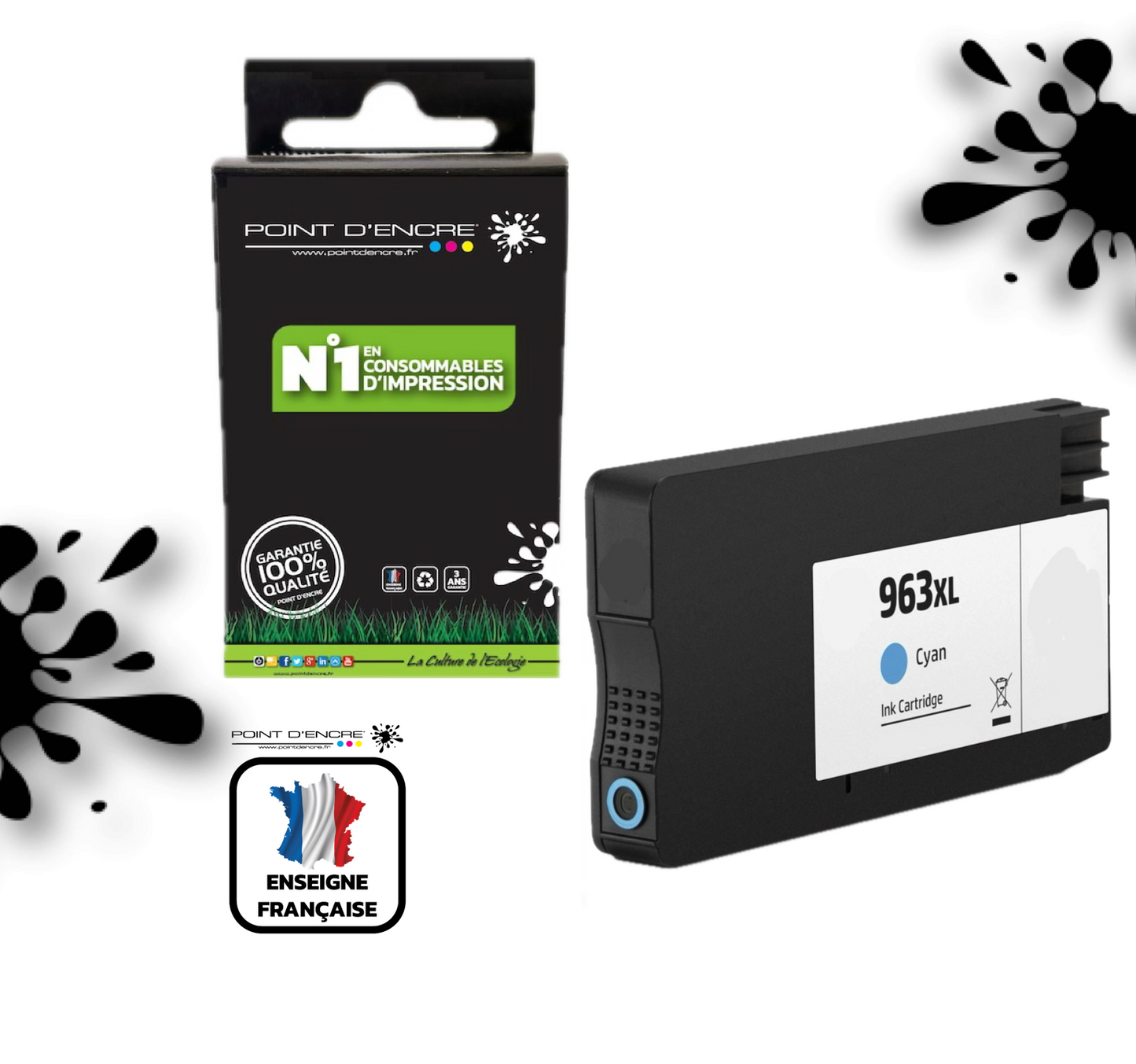 963XL - CYAN - Grande capacité de Marque Française POINT D'ENCRE Pour imprimante compatible HP (cehp)