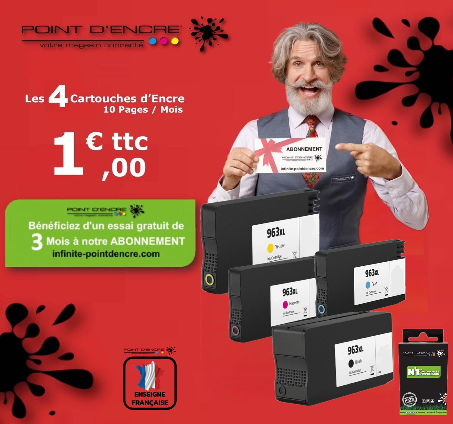 963XL - ABONNEMENT - Pack de 4 Cartouches D'encre Noir/Cyan/Magenta/ Jaune - Grande capacité de Marque Française POINT D'ENCRE Pour imprimante compatible HP (cehp)