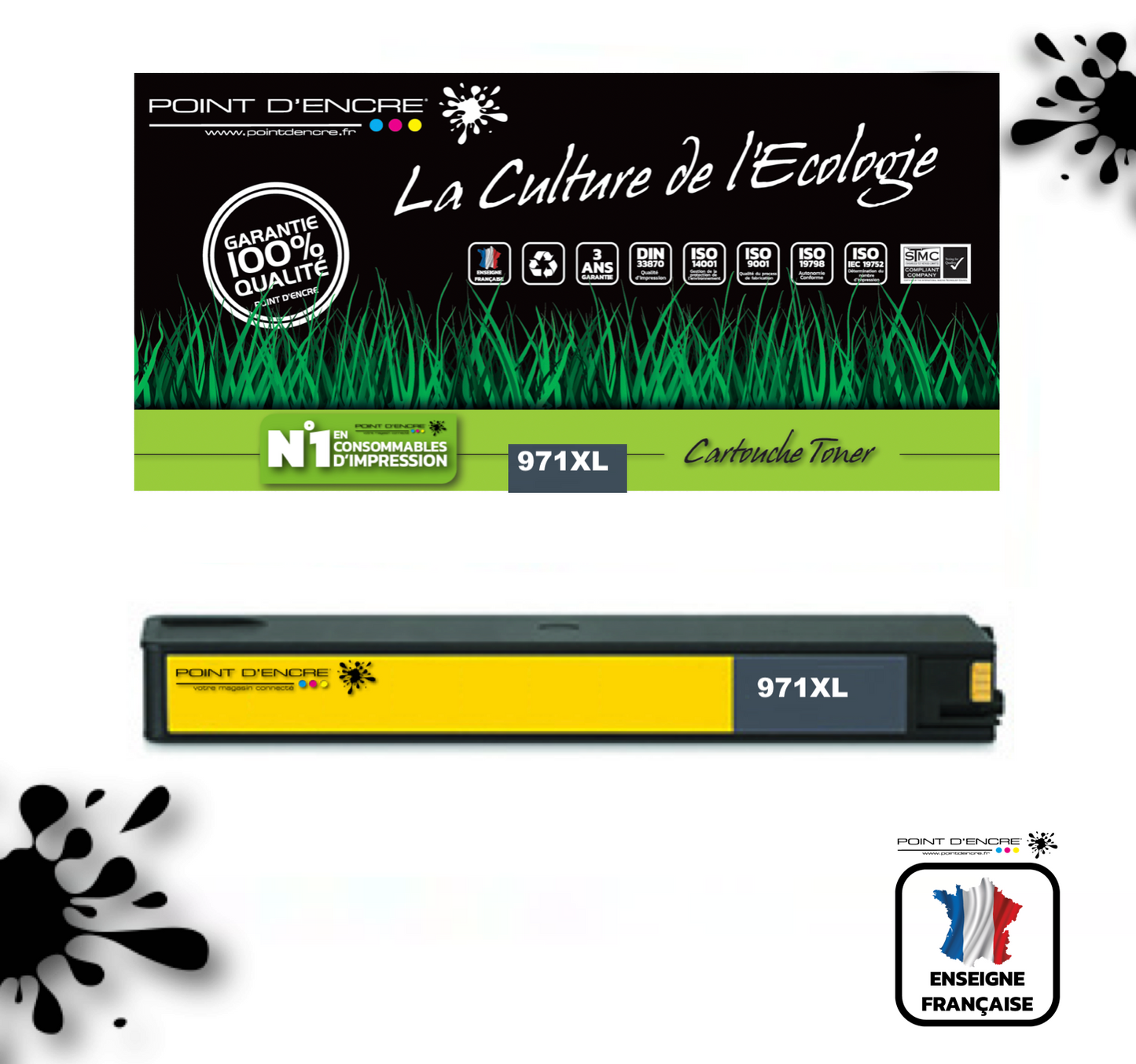 971XL - JAUNE  - Grande capacité de Marque Française POINT D'ENCRE Pour imprimante compatible HP (clhp)