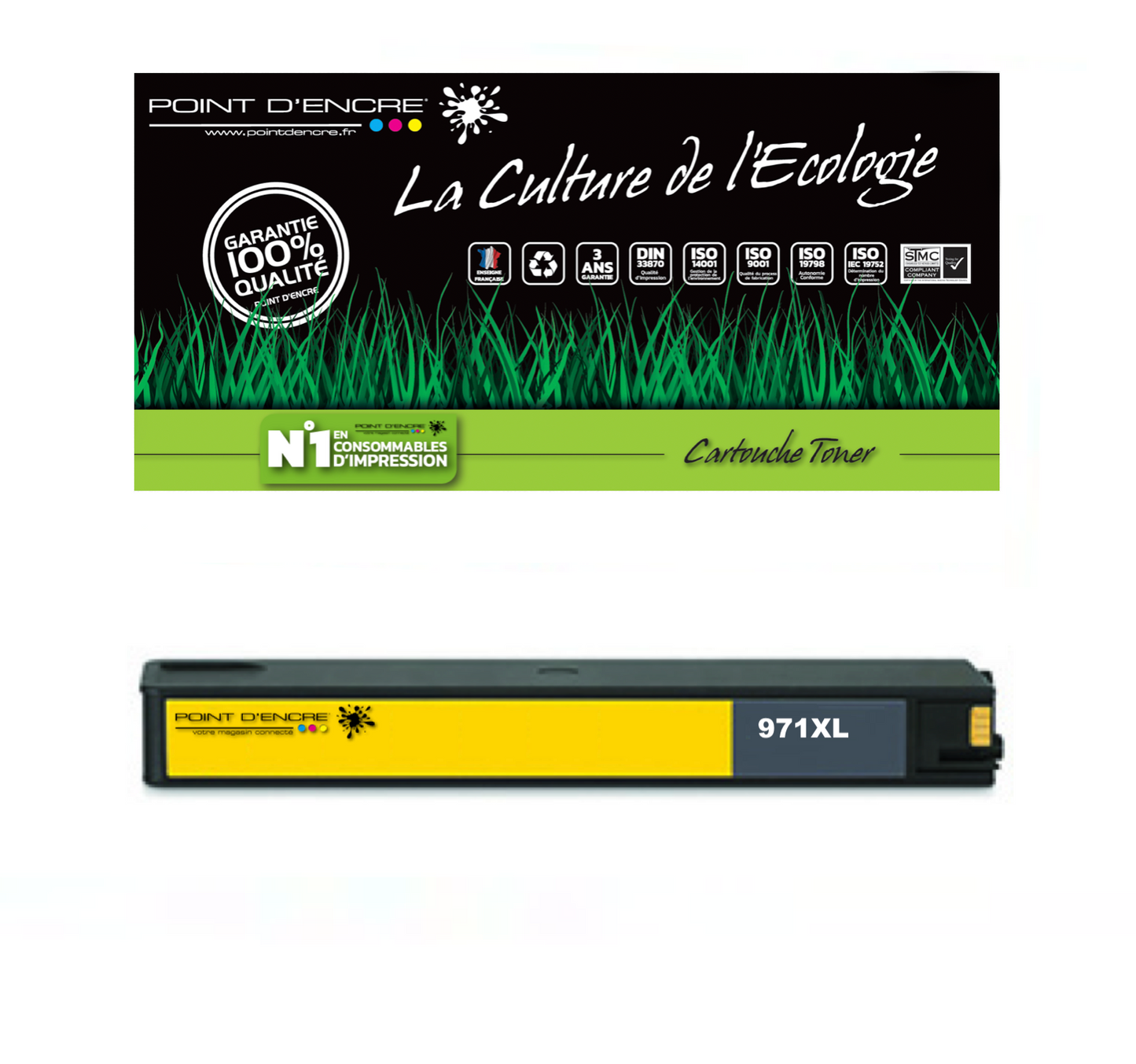 971XL - JAUNE  - Grande capacité de Marque Française POINT D'ENCRE Pour imprimante compatible HP (clhp)