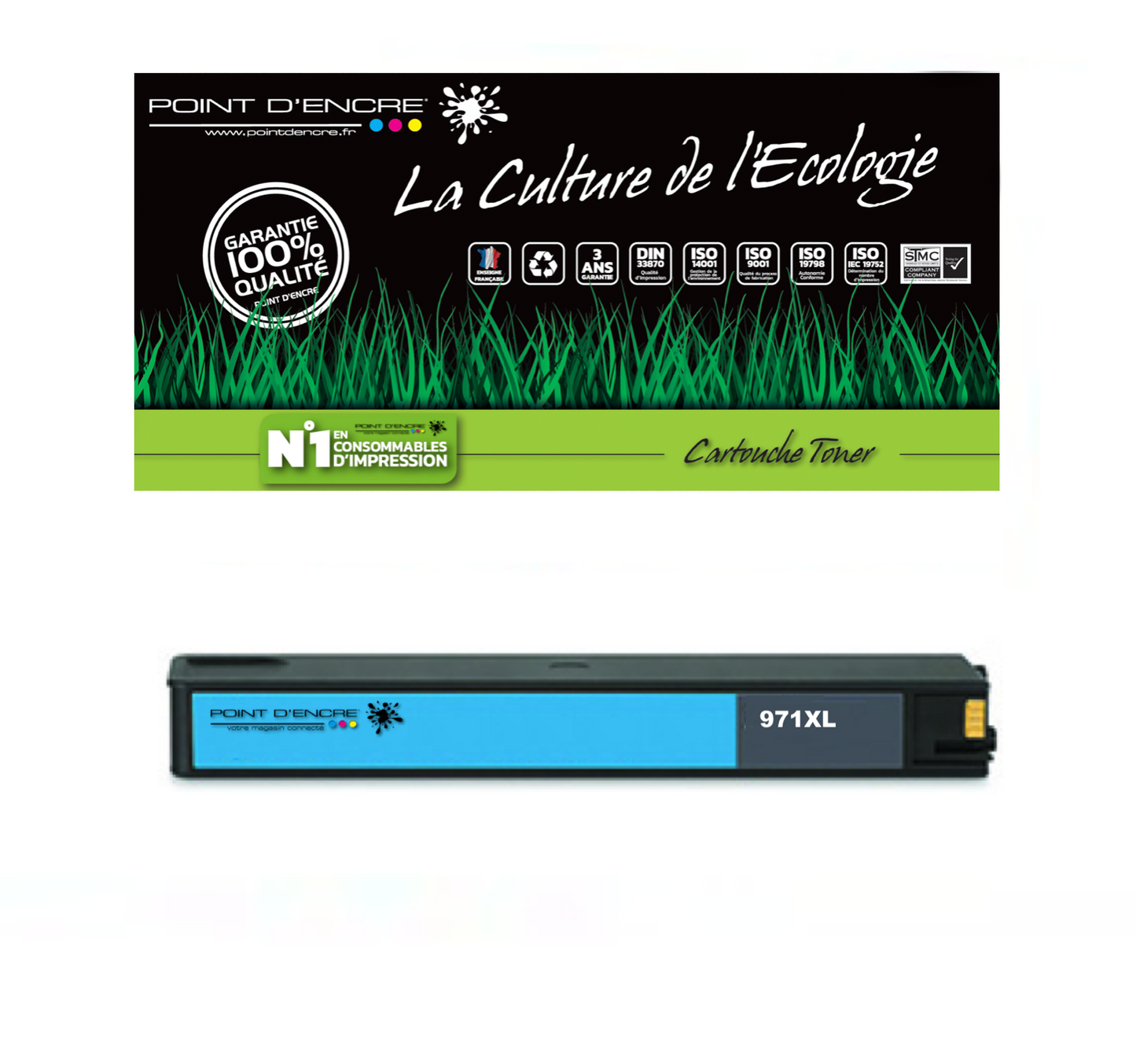 971XL - CYAN  - Grande capacité de Marque Française POINT D'ENCRE Pour imprimante compatible HP (clhp)
