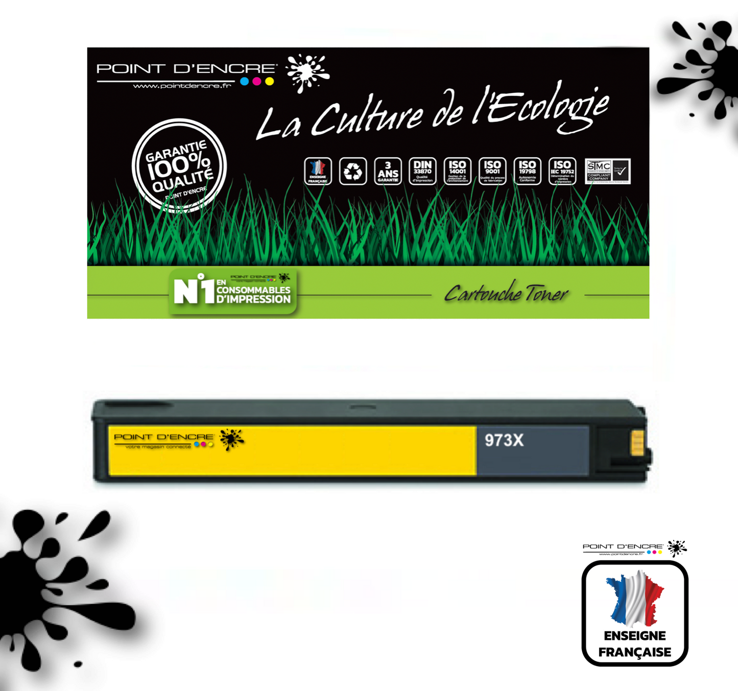 973XL / 913- JAUNE - Grande capacité de Marque Française POINT D'ENCRE Pour imprimante compatible HP (clhp)