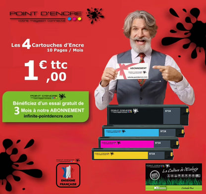 973XL / 913- ABONNEMENT - Pack de 4 Cartouches D'encre Noir/Cyan/Magenta/ Jaune - Grande capacité de Marque Française POINT D'ENCRE Pour imprimante compatible HP (clhp)